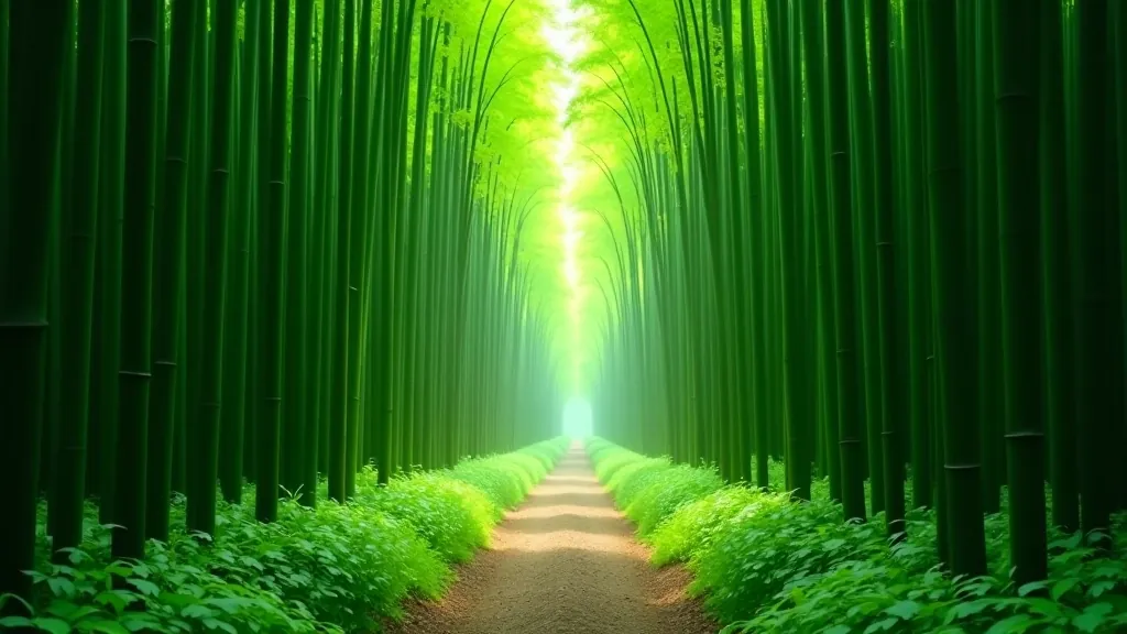 Lush green bamboo grove with tall stalks creating natural corridor through woodland forest path
