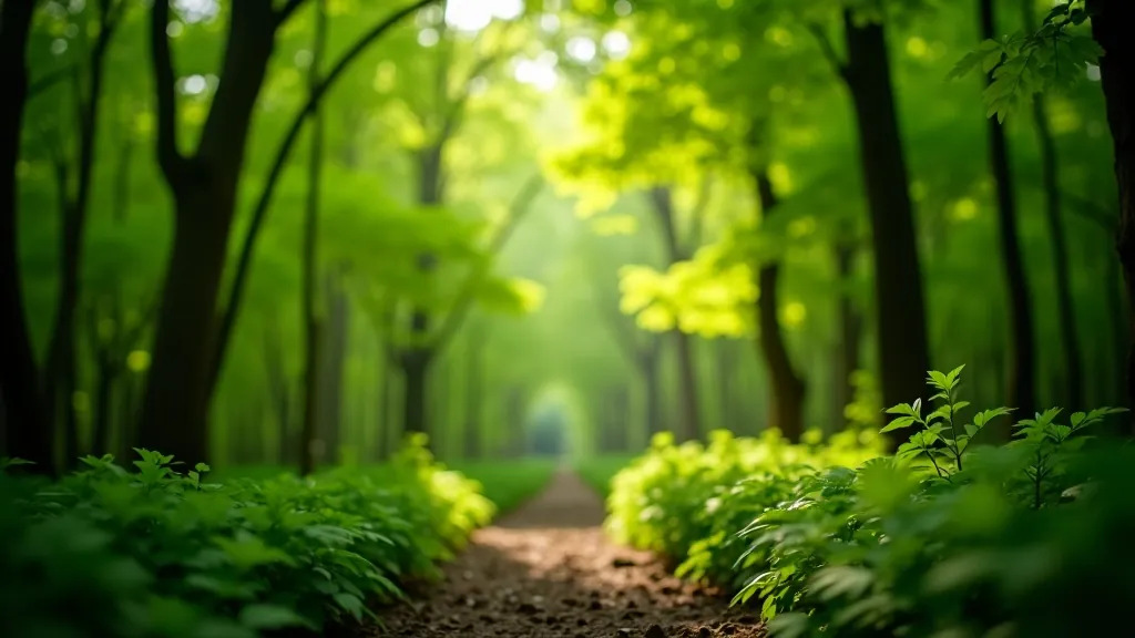 Dense woodland canopy with dappled sunlight creating natural patterns through green leaves and branches