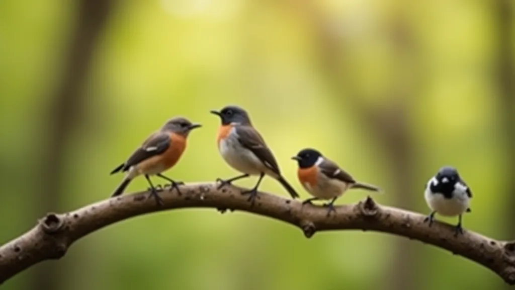 Multiple colorful wild birds perched on tree branches in natural woodland setting with soft morning light