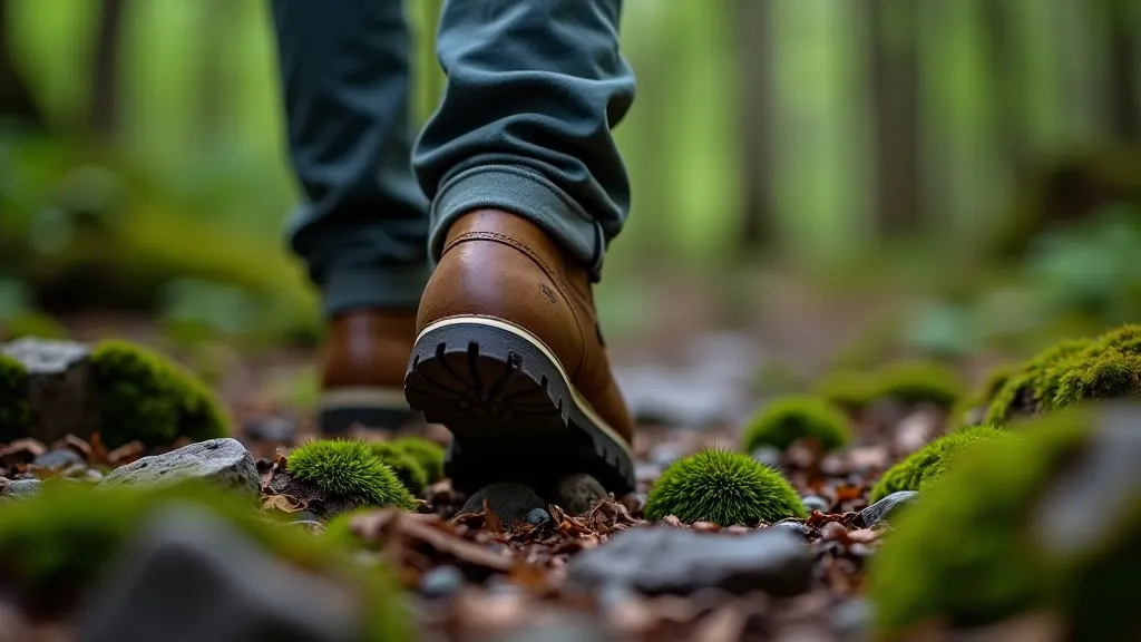 Close-up of hiking boot treading on mossy forest floor with damp leaf litter
