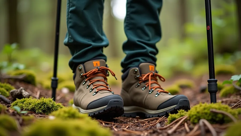 Comfortable hiking boots and walking poles resting on a rocky forest ground with moss