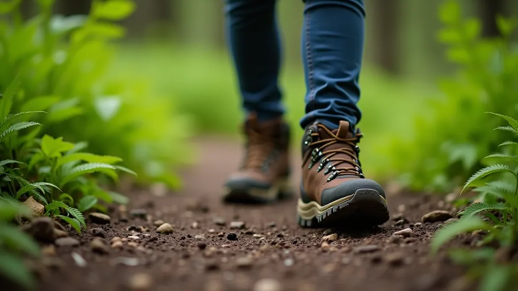 Close-up of hiking boots on woodland trail with ferns and natural forest ground vegetation visible