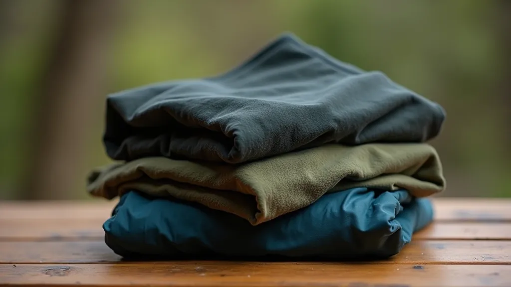 Folded hiking clothing layers displayed on a wooden table including thermal base layer, fleece, and waterproof jacket