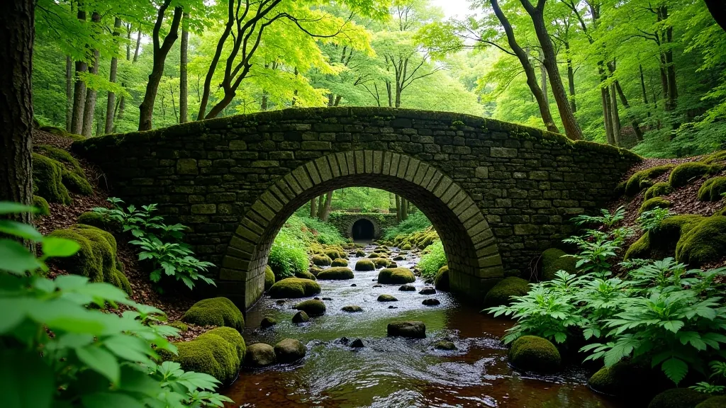 Stone bridge crossing a small stream in woodland with ferns and moss on rocks