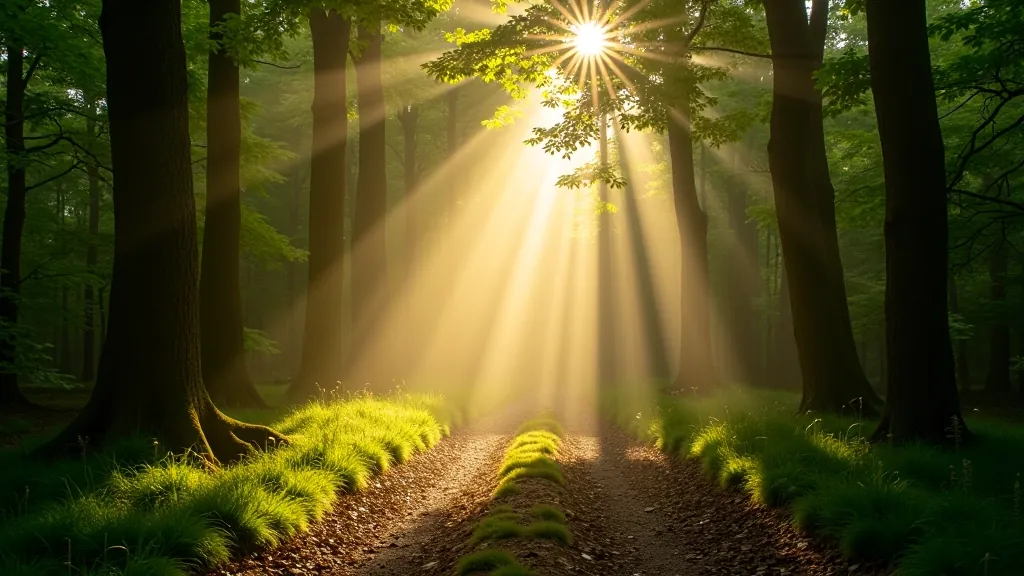 Golden morning sunlight filtering through forest canopy onto a woodland path
