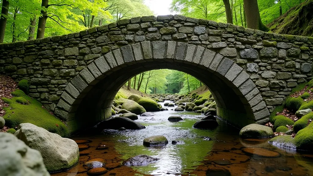 Historic arched stone bridge over clear woodland stream with moss-covered rocks and natural forest surroundings