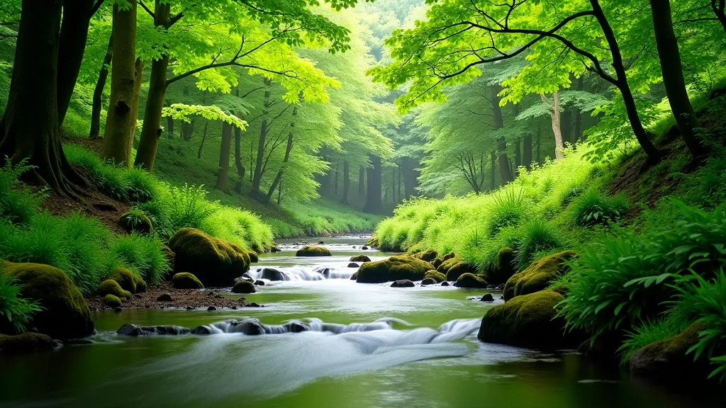 Peaceful woodland stream flowing through a green valley with overhanging tree branches