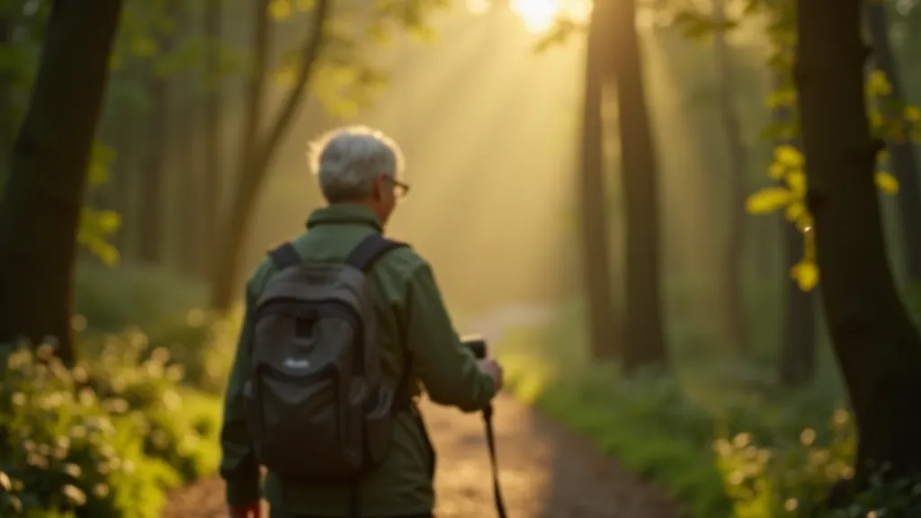 Person walking slowly on forest trail through woodland with binoculars, careful quiet posture, peaceful morning light