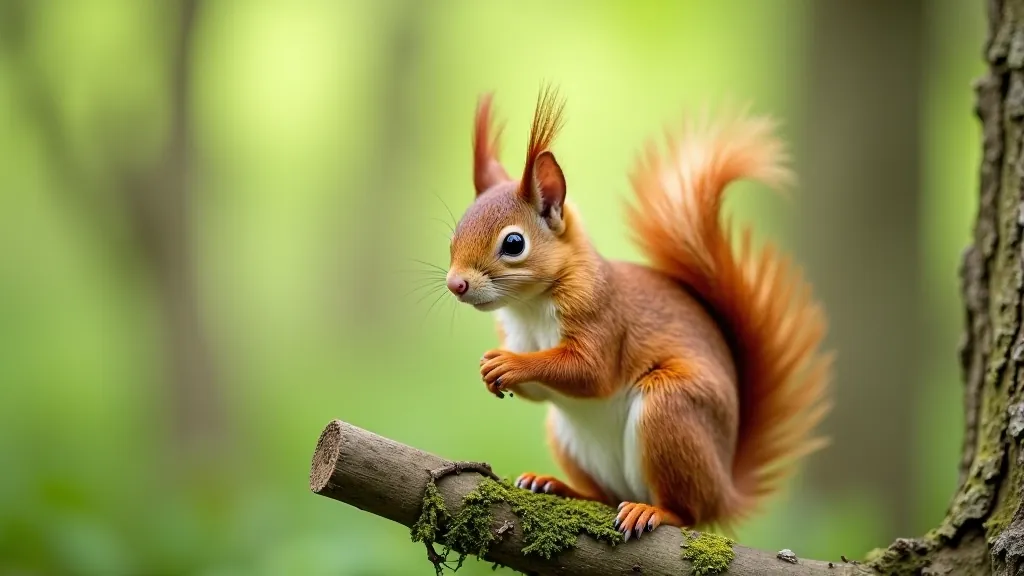 Red squirrel sitting on a tree branch with fluffy tail, alert expression among oak tree foliage