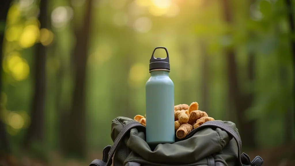 Reusable water bottle and trail snacks including nuts and dried fruit arranged on a hiking backpack