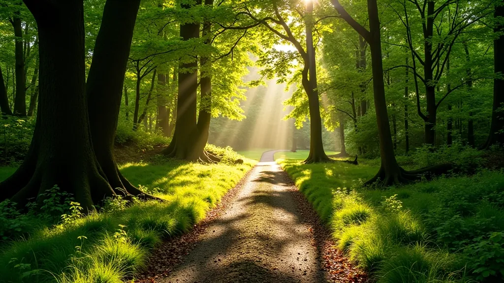 Sunlit forest path winding through lush greenery in Glengarriff Woods nature reserve