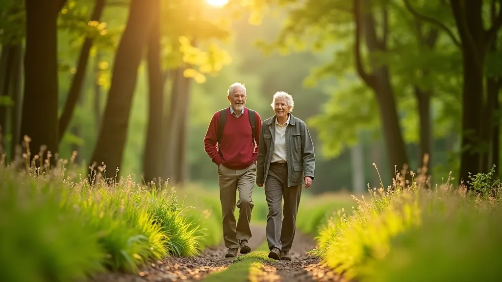 Group of older adults enjoying a peaceful walk on a shaded forest trail in Glengarriff Woods