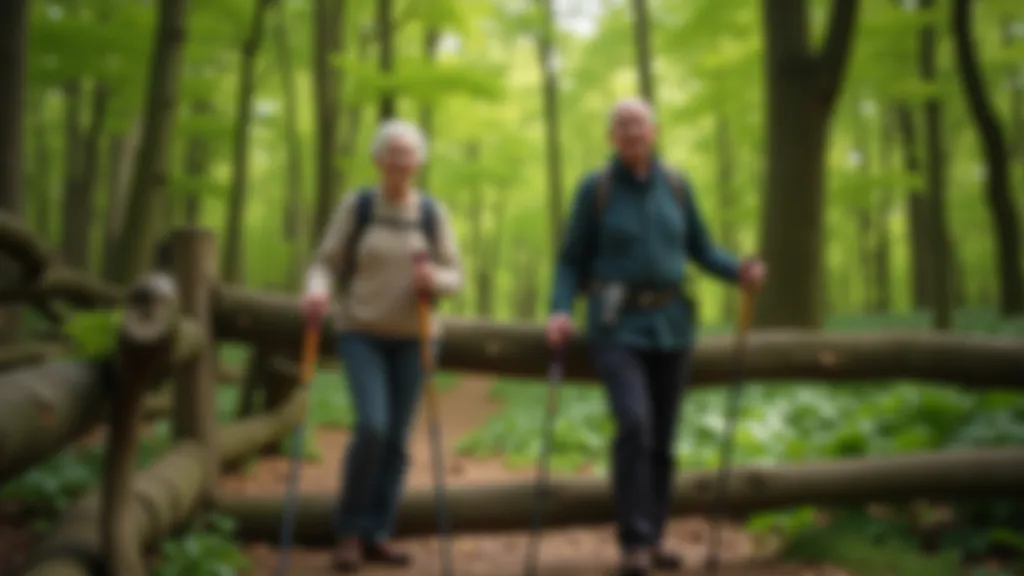 Walking poles leaning against a wooden fence with forest scenery in the background