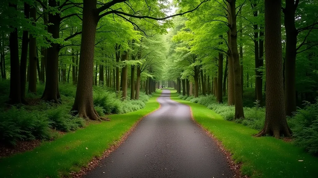 Wide, well-maintained forest trail with smooth ground surface and gentle curves ahead