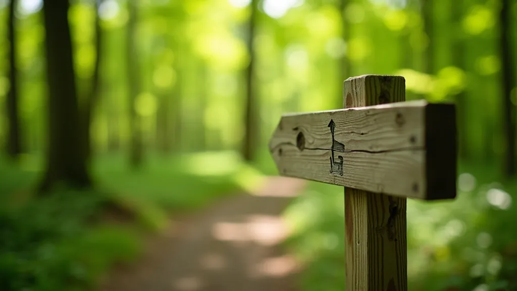 Wooden trail marker on a forest path with green trees and dappled sunlight