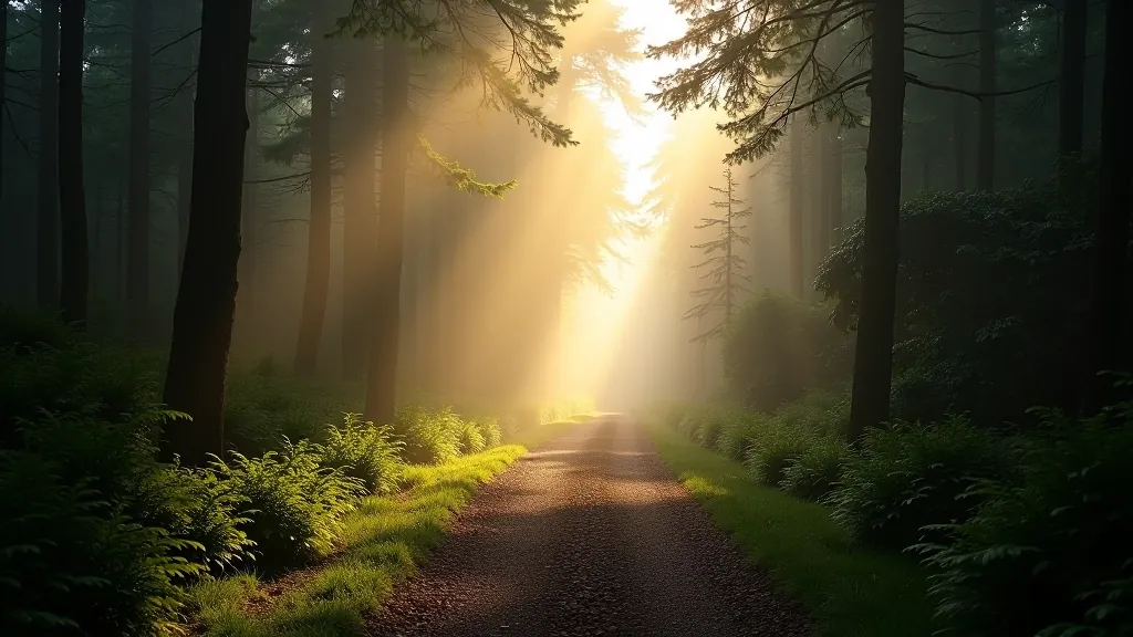 Misty woodland forest path with tall trees and filtered morning light creating atmospheric scene in nature reserve